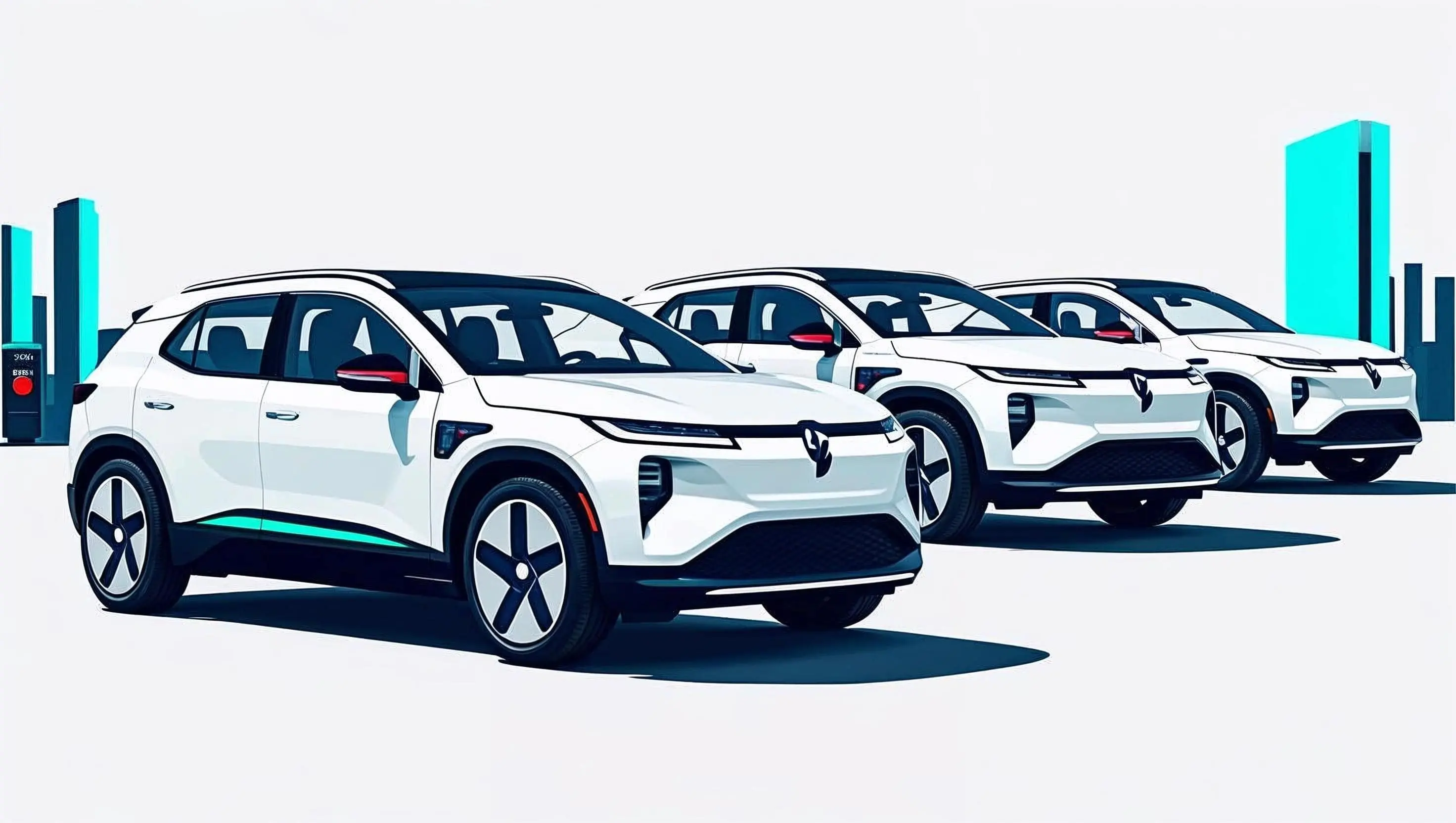 three electric vehicles with buildings in the background